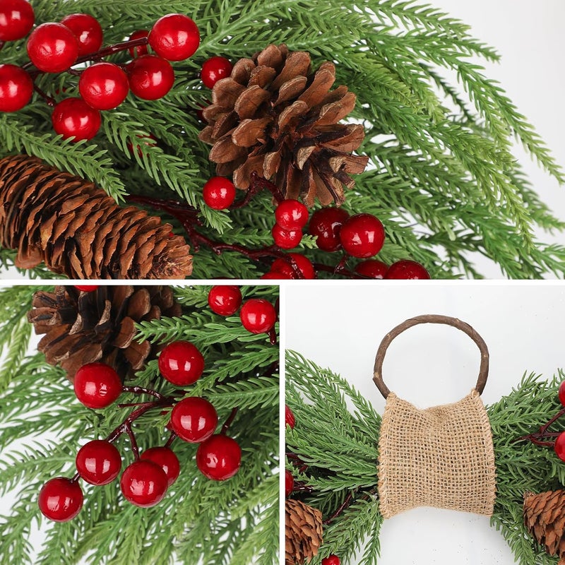 Arborus 2PCS Artificial Christmas Swags with Norfolk Pine, Red Berries and Pinecones, 24" Christmas Thanksgiving Decorations for Front Door, Mantel, Staircase, Window, Xmas Décor - Image 2